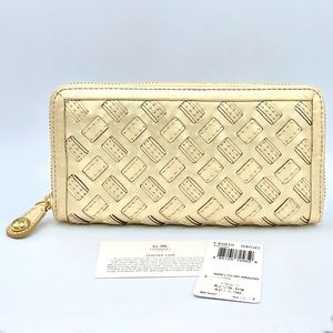 COACH North South Woven Metallic Champagne Gold Leather Accordion Wallet F45818